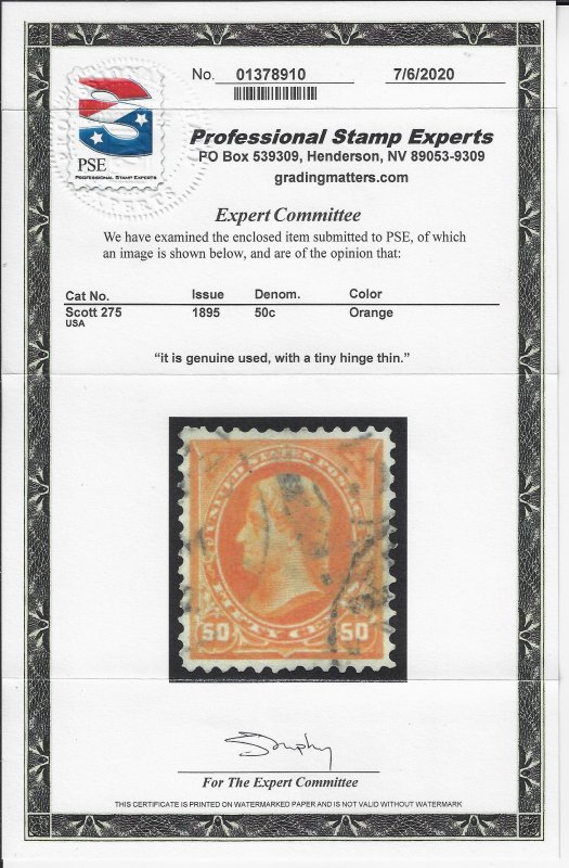 Scott #275 - XF-Used – Outstanding appearance. With 2020 PSE certificate.