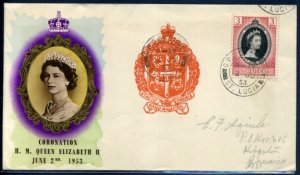 St Lucia 1953 Illustrated Cover, 3c Coronation Stamp, QEII Coronation Design