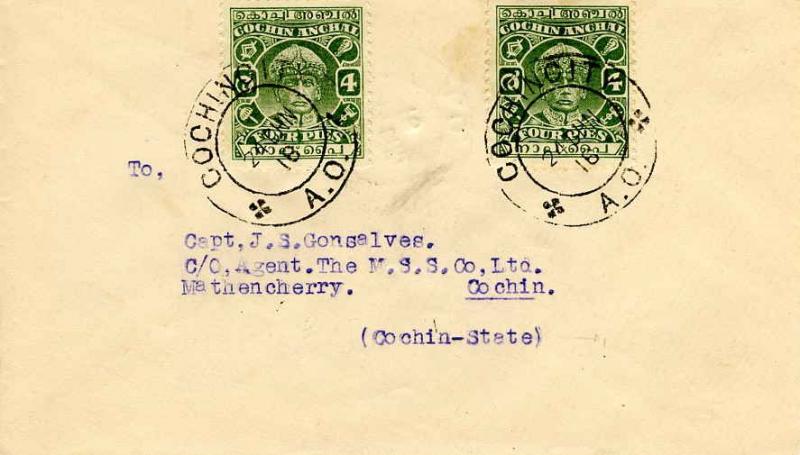 Indian States Cochin 4p Sir Rama Varma III (2) c1942 Cochin City, A.O. to Mat...