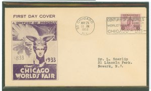 US 729 1933 3c Chicago World's Fair-Century of Progress (single) on an addressed (typed) FDC with a Chicago, IL Century ...