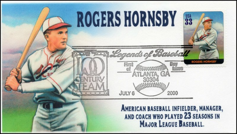 AO 3408F, 1989, Legends of Baseball, FDC, Add On Cachet, Rogers Hornsby,