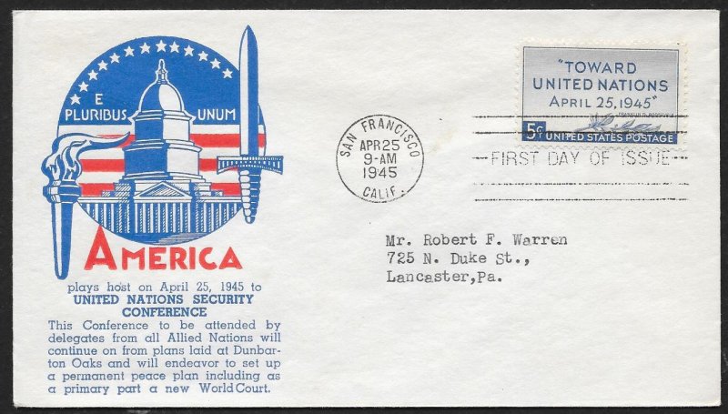 UNITED STATES FDC 5¢ United Nations Conference 1945 Cacheted