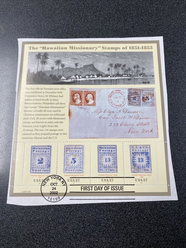 FDC 3694 Hawaiian Missionary Stamp First Day Of Issue Complete Sheet 2002