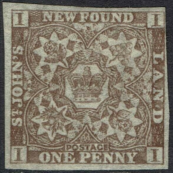 NEWFOUNDLAND 1862 CROWN AND FLOWERS 1D CHOCOLATE BROWN NO GUM