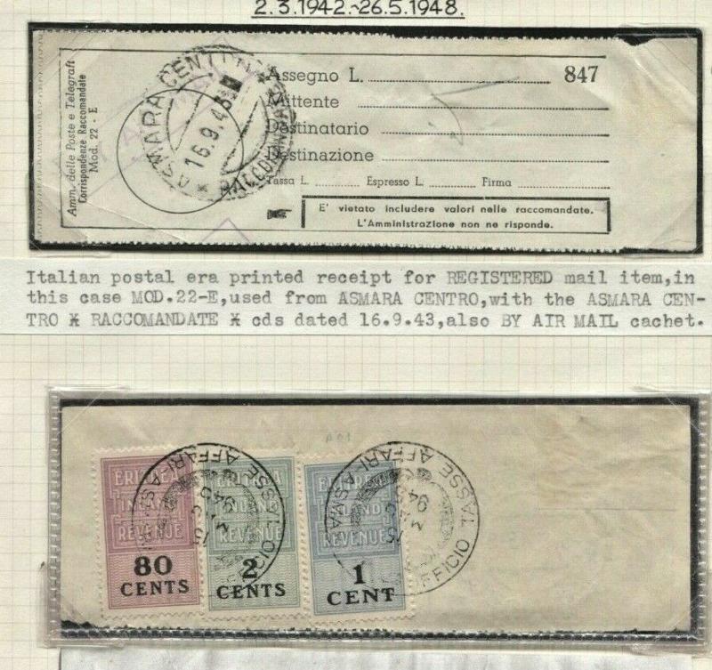 BOIC ERITREA Asmara Registered Receipts x 2 Revenues {samwells-covers} A1945.22