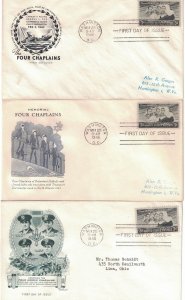1948 FDC, #956, 3c Four Immortal Chaplains, 3 diff. cachets