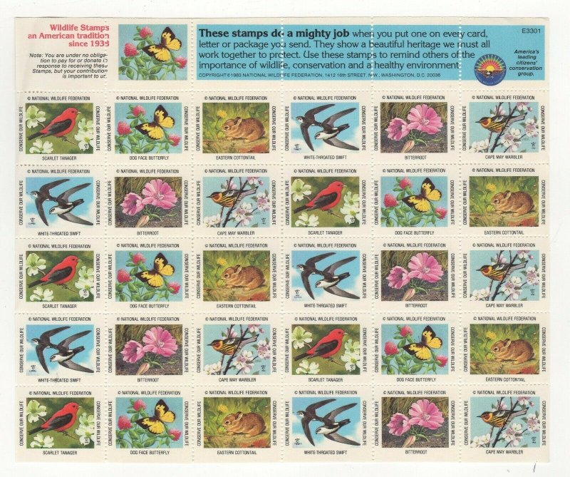 USA National Wildlife Federation Spring Stamps 1983 Sheet of 30 MNH