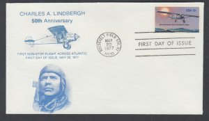 US Pl 1710-G4 FDC. 1977 13c Charles Lindbergh 50th Anniv, Lou Jac FIRST CACHET