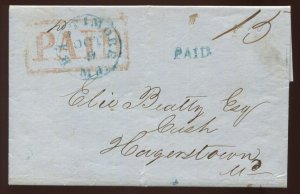 1846 Baltimore MD Blue Roundate & Red Boxed PAID Marks on Stampless Cover LV6514