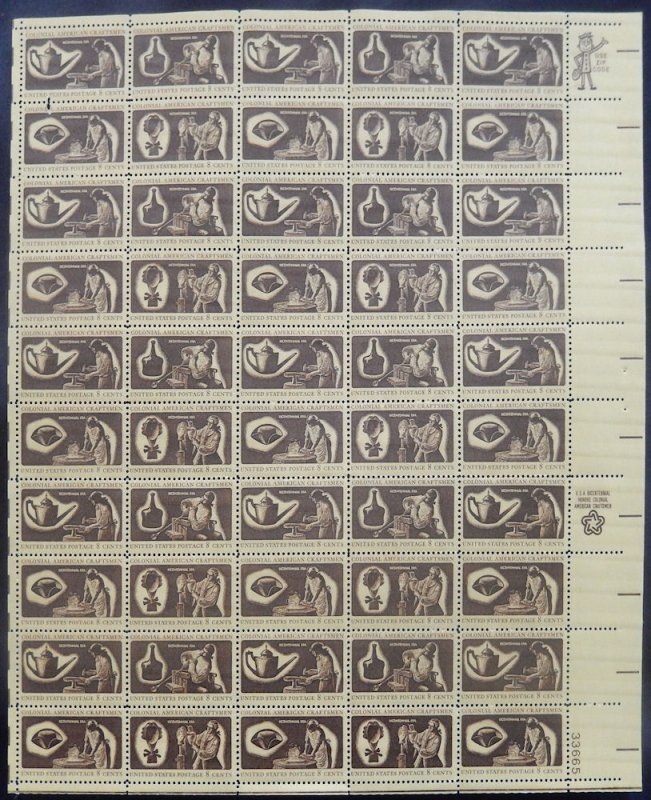 US #1456- 1459 8c Colonial Craftsman, Full Sheet, F-VF OG NH or better, post ...