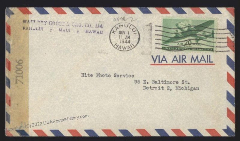 Hawaii USA 1944 KAHULUI Maui WWII Censor Territorial Airmail DC10 20c Cov 109164