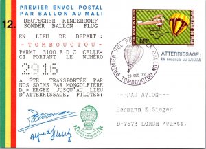 MALI 1972 ILLUSTRATED SIGNED POSTCARD FIRST BALLOON FLIGHT COMM CAN