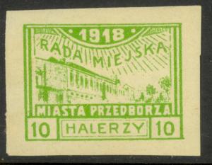 POLAND LOCALS 1918 10h Green PRZEDBORZ Imperf. PROOF BFT 12C