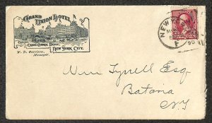 USA #219D STAMP NEW YORK GRAND UNION HOTEL ADVERTISING COVER & LETTER 1890