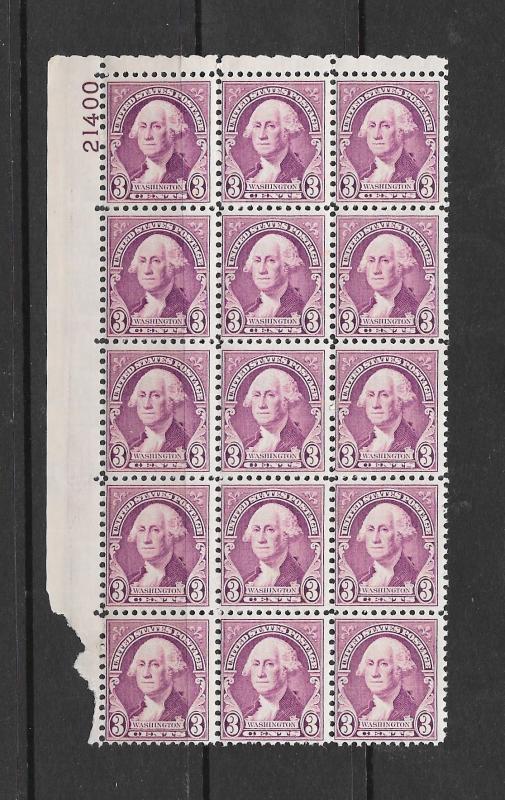 720 MNH, 3c. Washington, Plate block of 15, Free, Insured Shipping