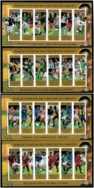 Gambia 2002 - Soccer - 4 Sheets of 6 IMPERF Stamps - Scott #2616-19 - MNH