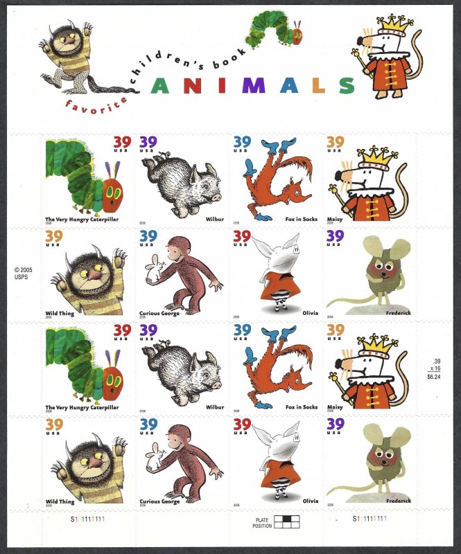 United States #3987-3994 39¢ Children's Book Animals (2006).  Mini-shee...