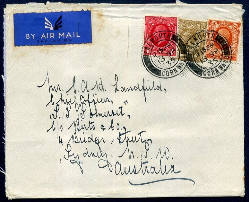 1935 Airmail cover sent Great Britain UK Cornwall to Ship in Australia, GV