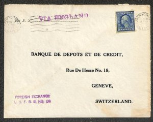 USA #458 COIL STAMP NEW YORK VIA ENGLAND TO SWITZERLAND APEX CERT 1919