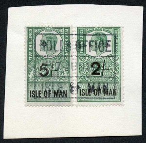 Isle of Man KGVI 5/- and 2/- Key Plate Type Revenues CDS on Piece