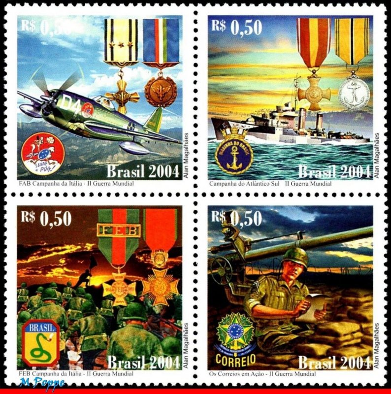 2944 BRAZIL 2004 WORLD WAR II, PLANES, SHIPS, HISTORY, MI# 3388-91 C-2591-94 MNH