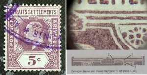 MALAYA STRAITS SETTLEMENTS 1902 KEVII 5c DAMAGED FRAME & CROWN used SG#113a M346