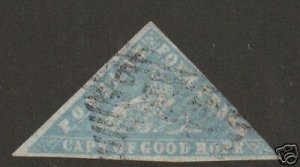 Cape of Good Hope Sc 9a used 1861 4p pale blue Woodblock Triangular, APEX Cert