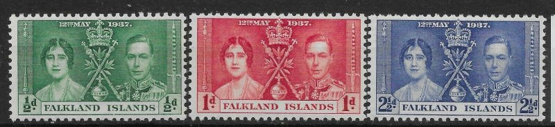 FALKLAND ISLANDS SG143/5 1937 CORONATION SET MTD MINT