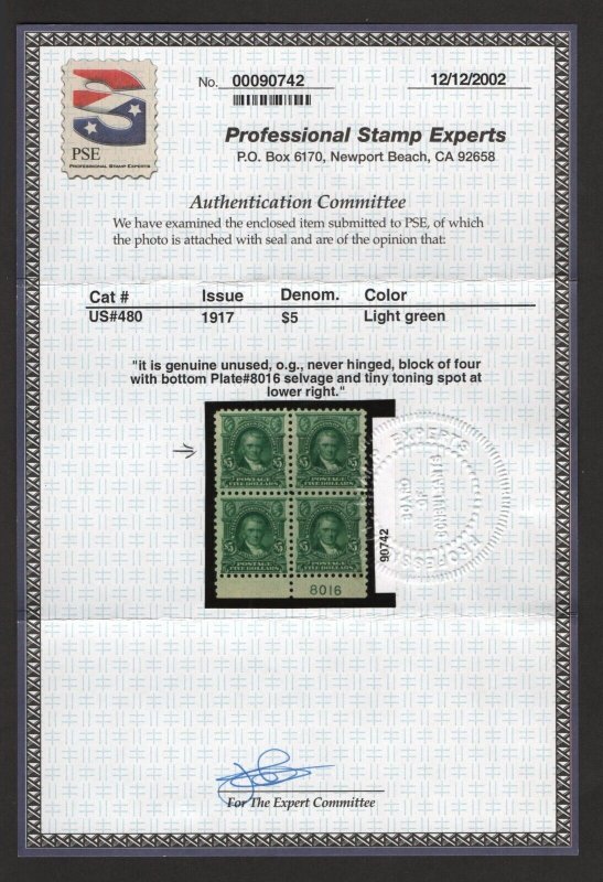 SCOTT #480 - MINT - OGnh - VF-XF w/PSE Cert.  (LB 8/17)