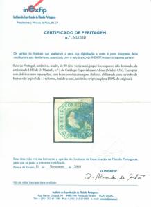PORTUGAL 1853  Queen Maria  50reis blue green shade  Scott# 3a used VF w/ Cert.