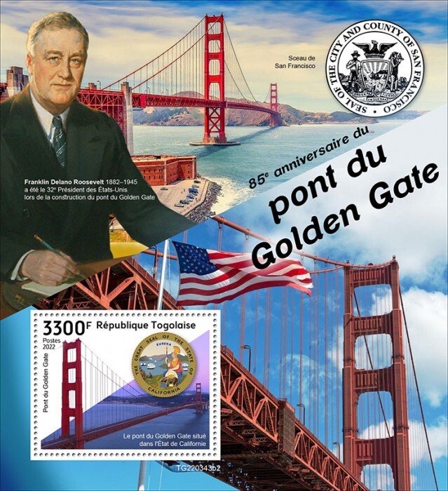TOGO - 2022 - Golden Gate Bridge - Perf Souv Sheet - Mint Never Hinged