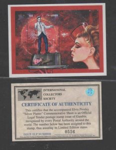 GAMBIA #1673 1993 ELVIS PRESLEY MINT VF NH O.G S/S W/CERT. 