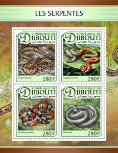 DJIBUTI - 2017 - Snakes - Perf 4v Sheet - Mint Never Hinged