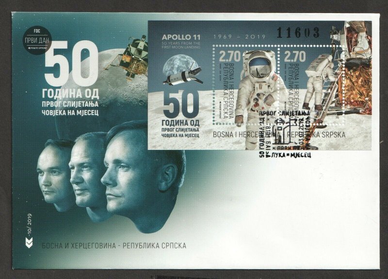 2019 BOSNIA - MOON LANDING 50TH ANNIVERSARY MINI SHEET  ON FIRST DAY COVER