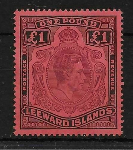 LEEWARD ISLANDS SG114af 1942 1 PURPLE & BLACK ON CARMINE GASH IN CHIN MTD MINT