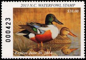 NORTH CAROLINA  #31  2013 STATE DUCK STAMP N SHOVELERS  By Jeffrey Klinefelter