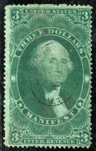 USA Revenue Stamp *MANIFEST* $3 Green High Value Used {samwells-covers}YELLOW138