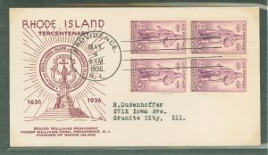 US 777 1936 3c Rhode Island Tercentenary (block of four) on an addressed first day cover with a Bronesky cachet.