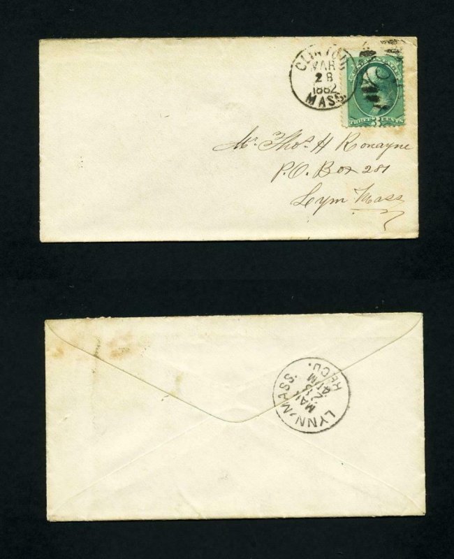 Cover from Clinton, Massachusetts to Lynn, Massachusetts dated 3-28-1882