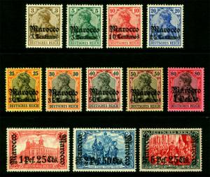 German Colonies -Offices in MOROCCO 1906-11 SURCHARGED set wmk Sc# 33-44 mint MH