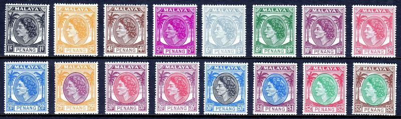 MALAYA (PENANG) — SCOTT 29-44 (SG 28-43) — 1954-55 QEII SET — MH — SCV $73.60