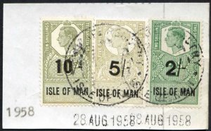 Isle of Man KGVI 10/- + 5/- + 2/- Key Plate Type Revenues CDS on Piece