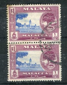 MALAYA MALACCA; 1950s early Sultan Coat of Arms issue $1 used PAIR