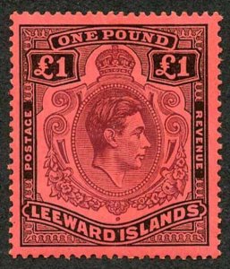 Leeward Is SG114 KGVI One Pound purple and black/carmine Perf 14 Fresh M/M