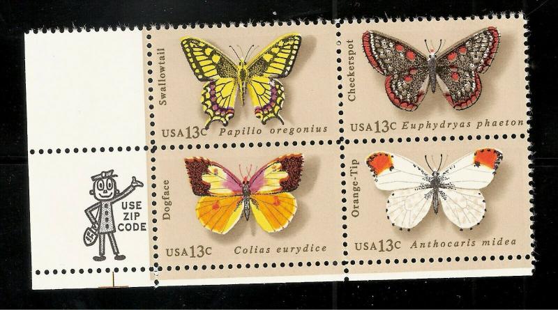 US 1977  Sc# 1712 - Sc# 1715 Butterflies of the US - Zip  Block of 4