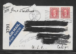 Canada #233 on TORONTO ONT MAY/9/1942 Censored Airmail Cover (A1244)