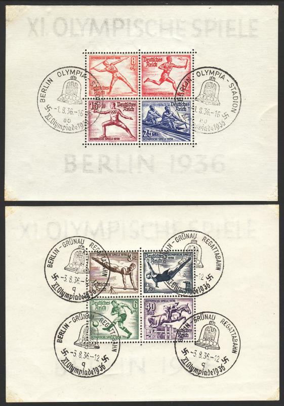 1936 Germany Summer Olympic Games semipostal souvenir sheets SS used Sc# B91 B92