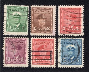 Canada 1942-43 1c to 5c George VI, Scott 249-252, 254-255 used, value = $1.50