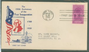 US 854 1939 3c washington's first inauguration solo on an addressed, typed fdc with a holland cachet