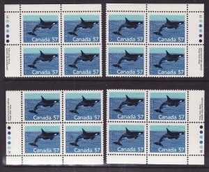 Canada id#13678-Sc#1173i-set of 4 plate blocks-Harrison paper-57c Killer Whale-N